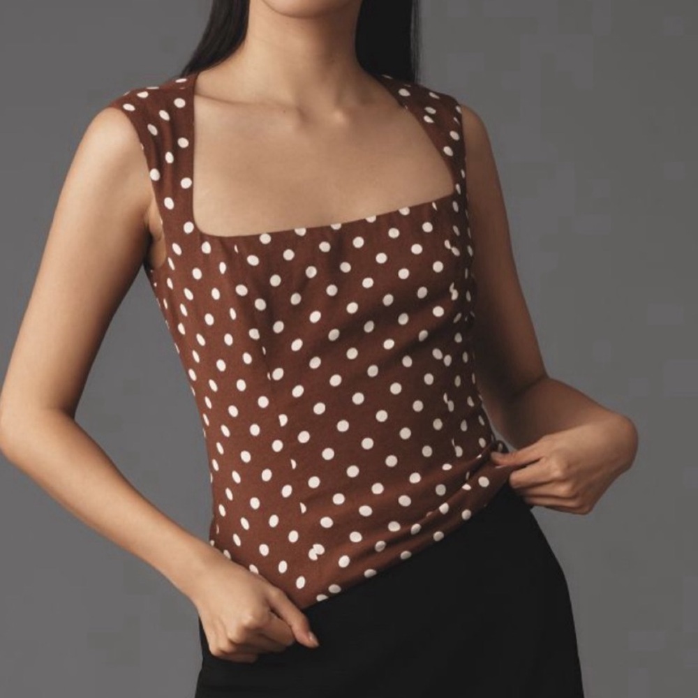 Reformation Deandra Brown and White Polka Dot Tank Top